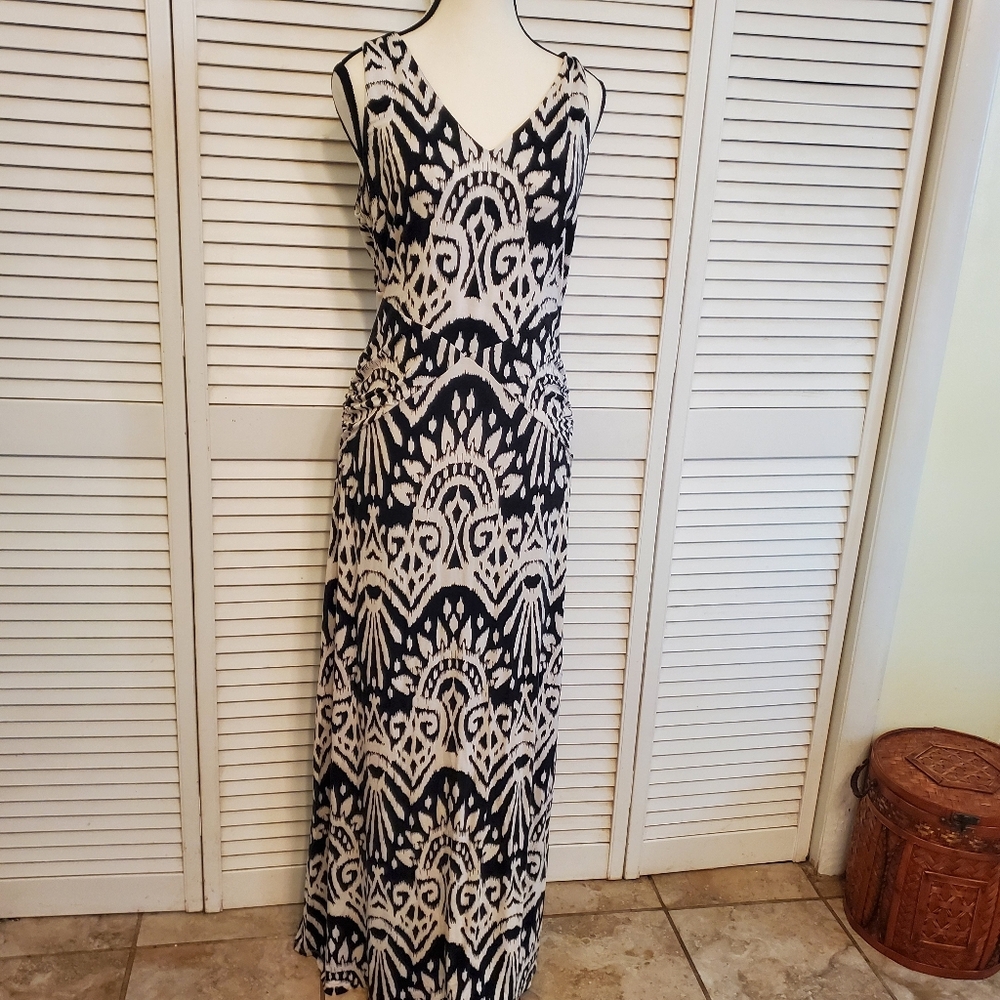 INC Maxi Dress Ikat Print Black and White, Size Large